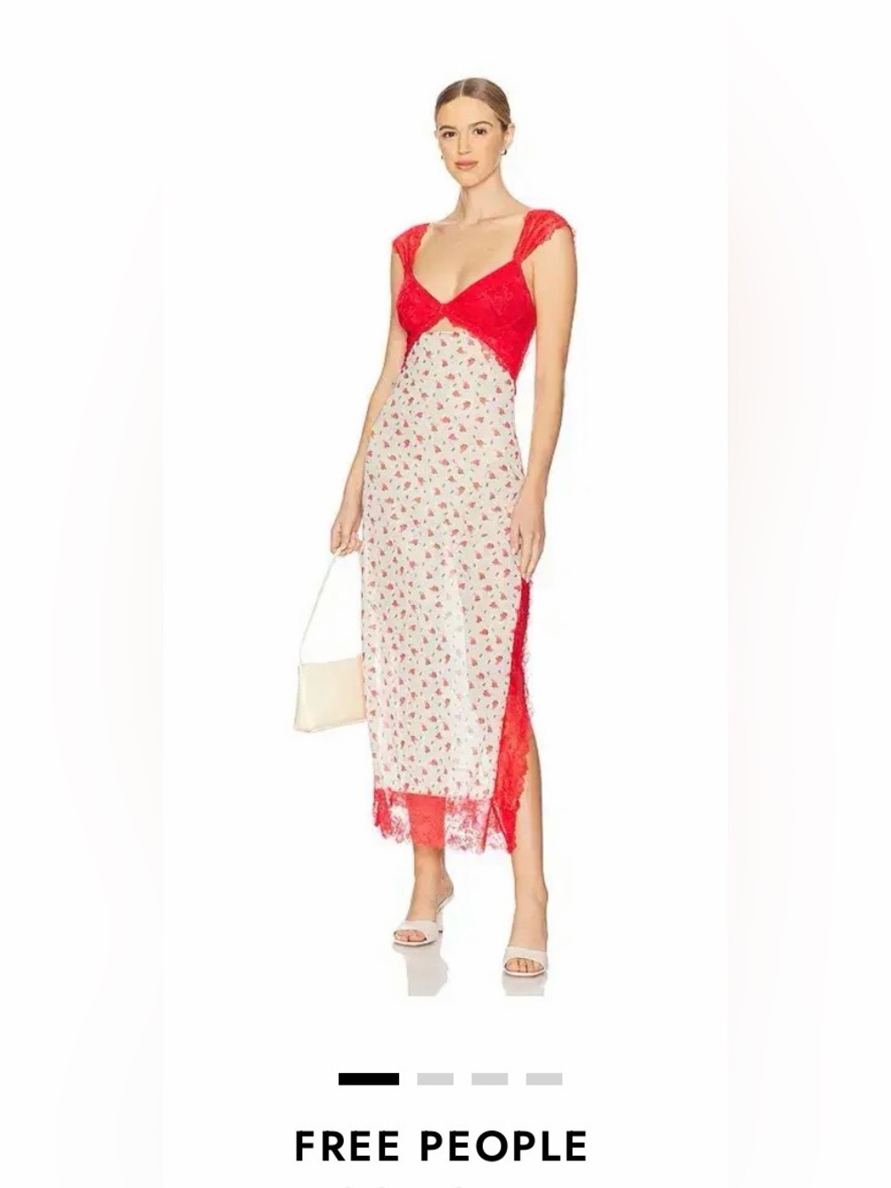 Free People Red & Cream Floral Lace-Trim Slip Midi